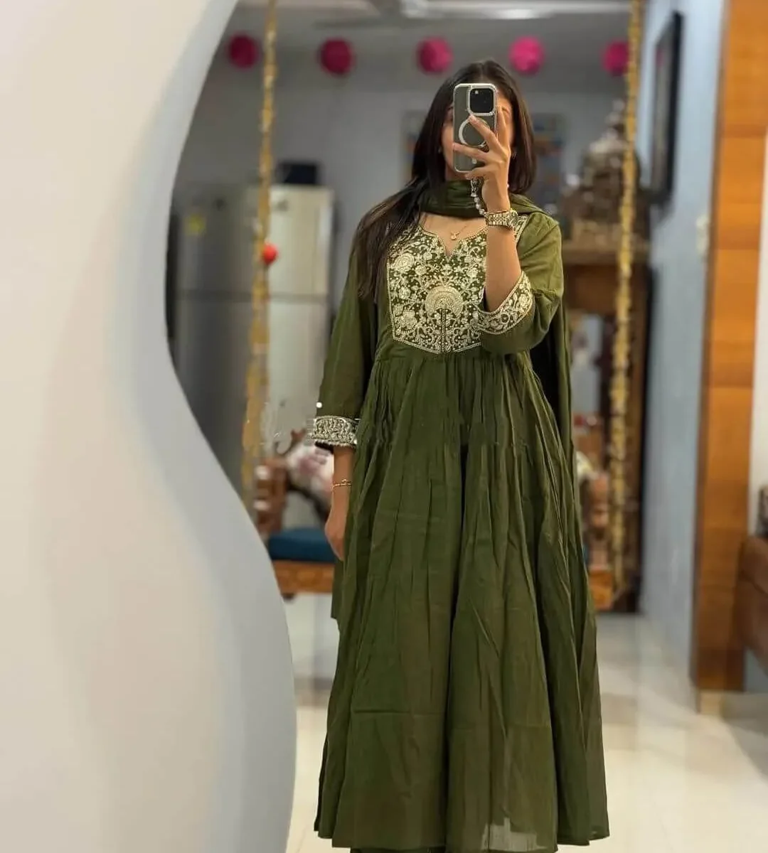 Mehndi Green Cotton Suit Set