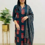 Blue Cotton Printed Kurti Dupatta Pant Set