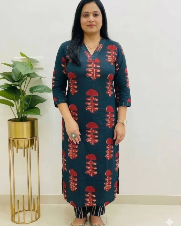 Blue Cotton Printed Kurti Dupatta Pant Set