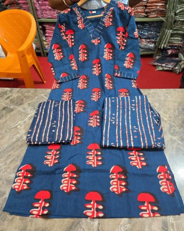 Blue Cotton Printed Kurti Dupatta Pant Set