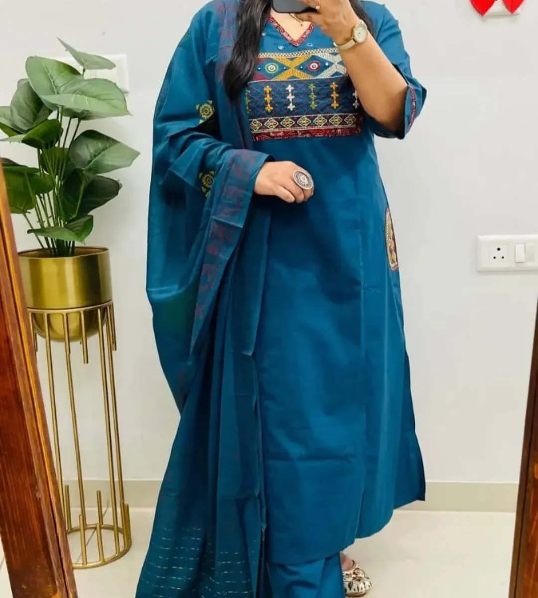 Cotton Sky Blue Kurti Pant Dupatta Set