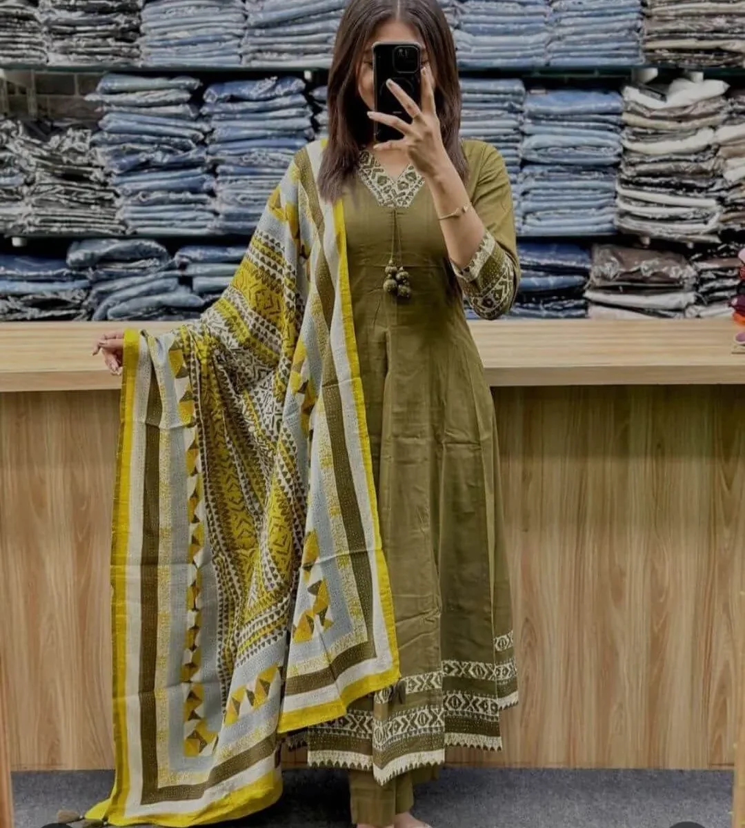 Green Cotton Sanganeri Print Anarkali Suit Set