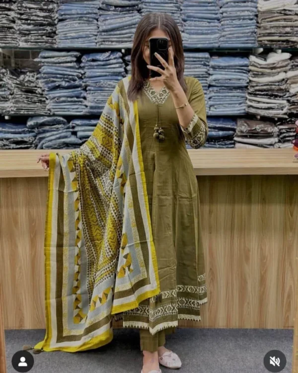 Green Cotton Sanganeri Print Anarkali Suit Set