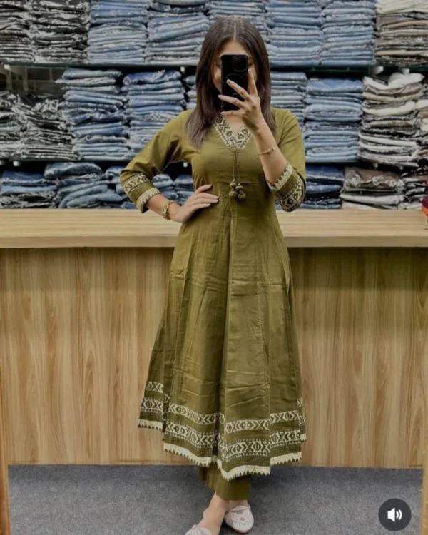 Green Cotton Sanganeri Print Anarkali Suit Set