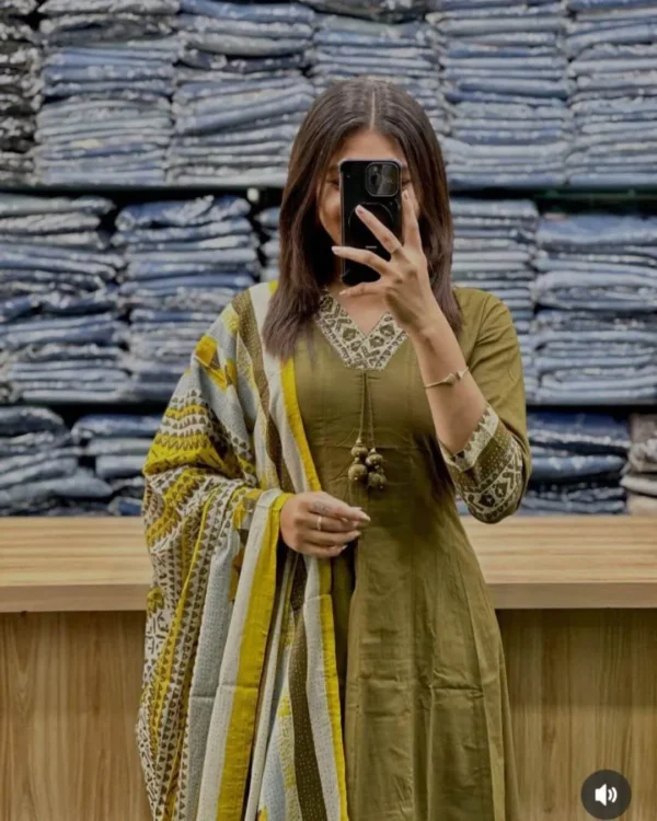 Green Cotton Sanganeri Print Anarkali Suit Set