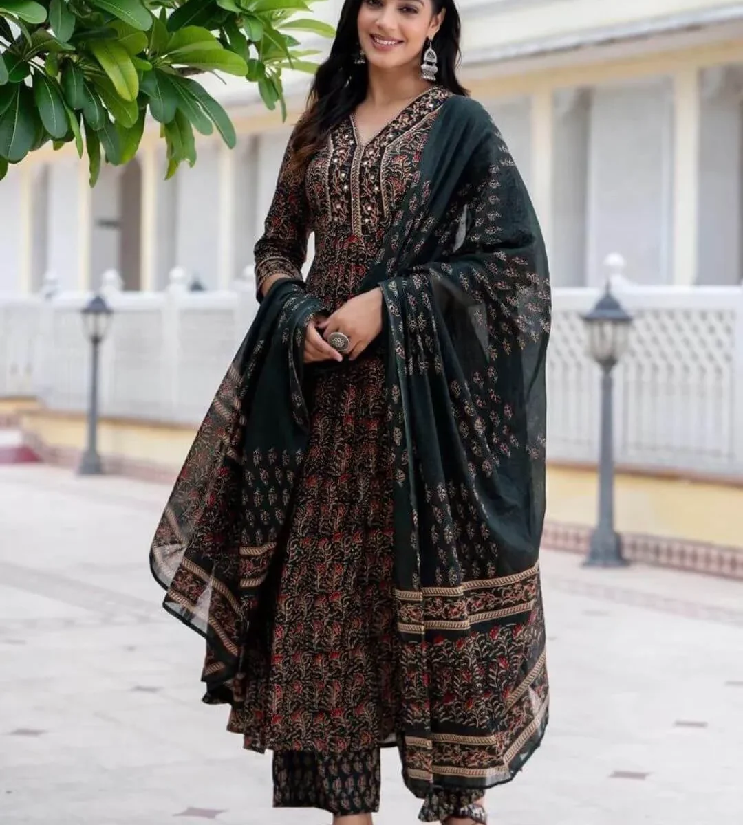 Floral Print Black Cotton Salwar Suit Set
