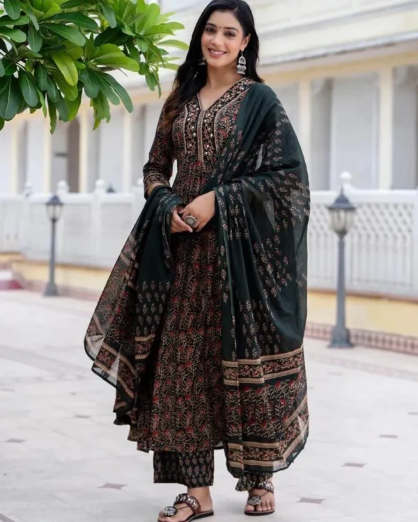 Floral Print Black Cotton Salwar Suit Set