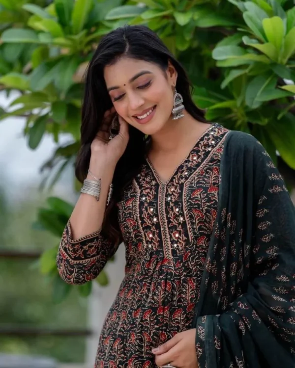 Floral Print Black Cotton Salwar Suit Set