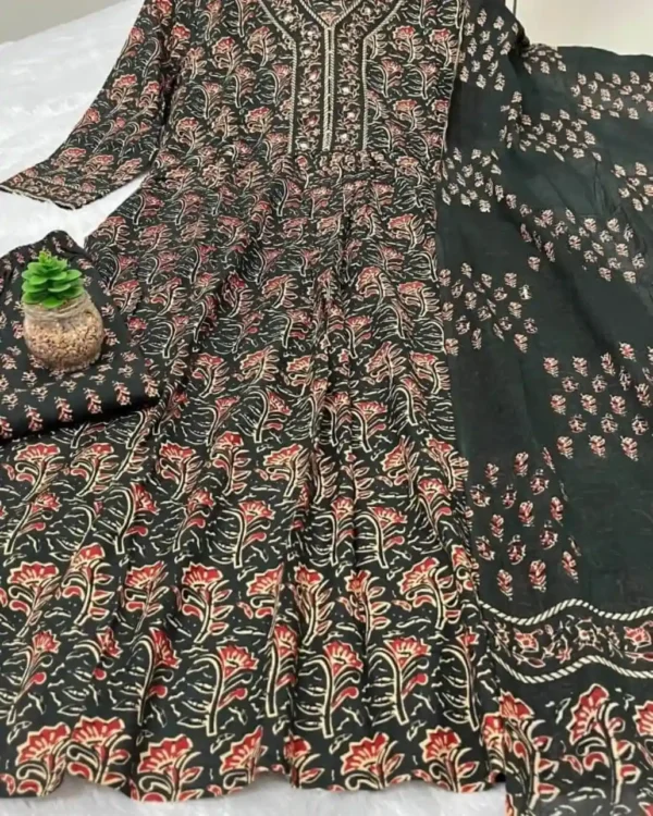 Floral Print Black Cotton Salwar Suit Set