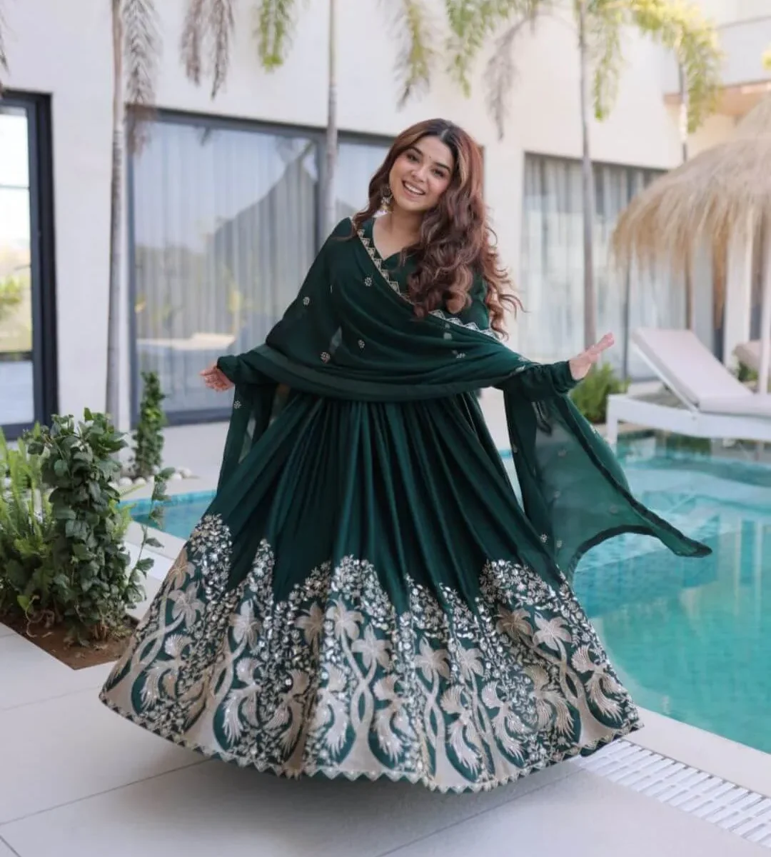 Flared Green Party Wear Suit Set