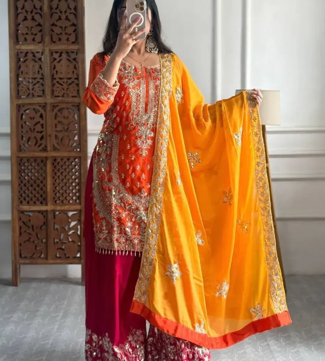Party Wear Chinon Silk Suit Set