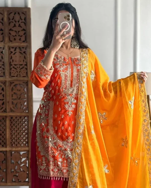 Party Wear Chinon Silk Suit Set Front