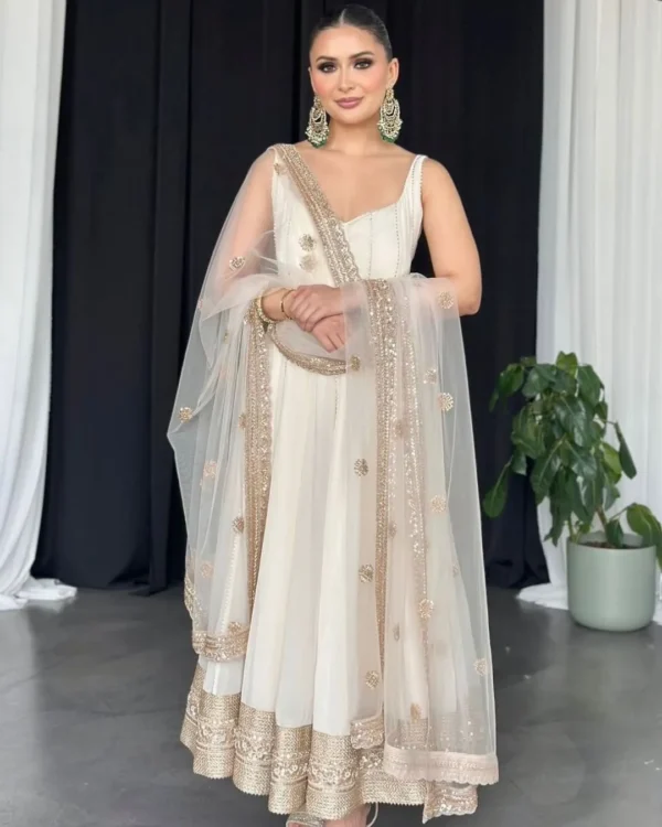 Party Wear Heavy White Anarkali Suit Set