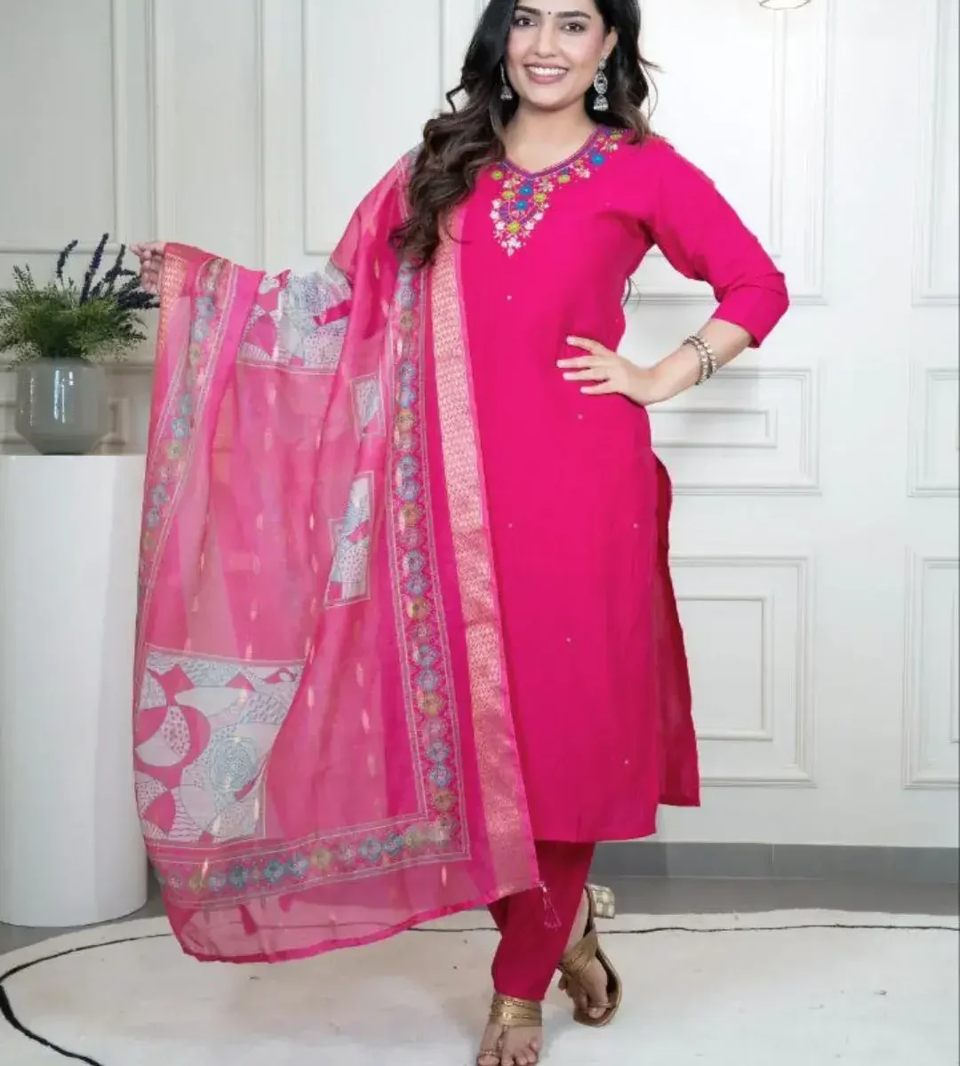 Party Wear Pink Roman Silk Suit Set