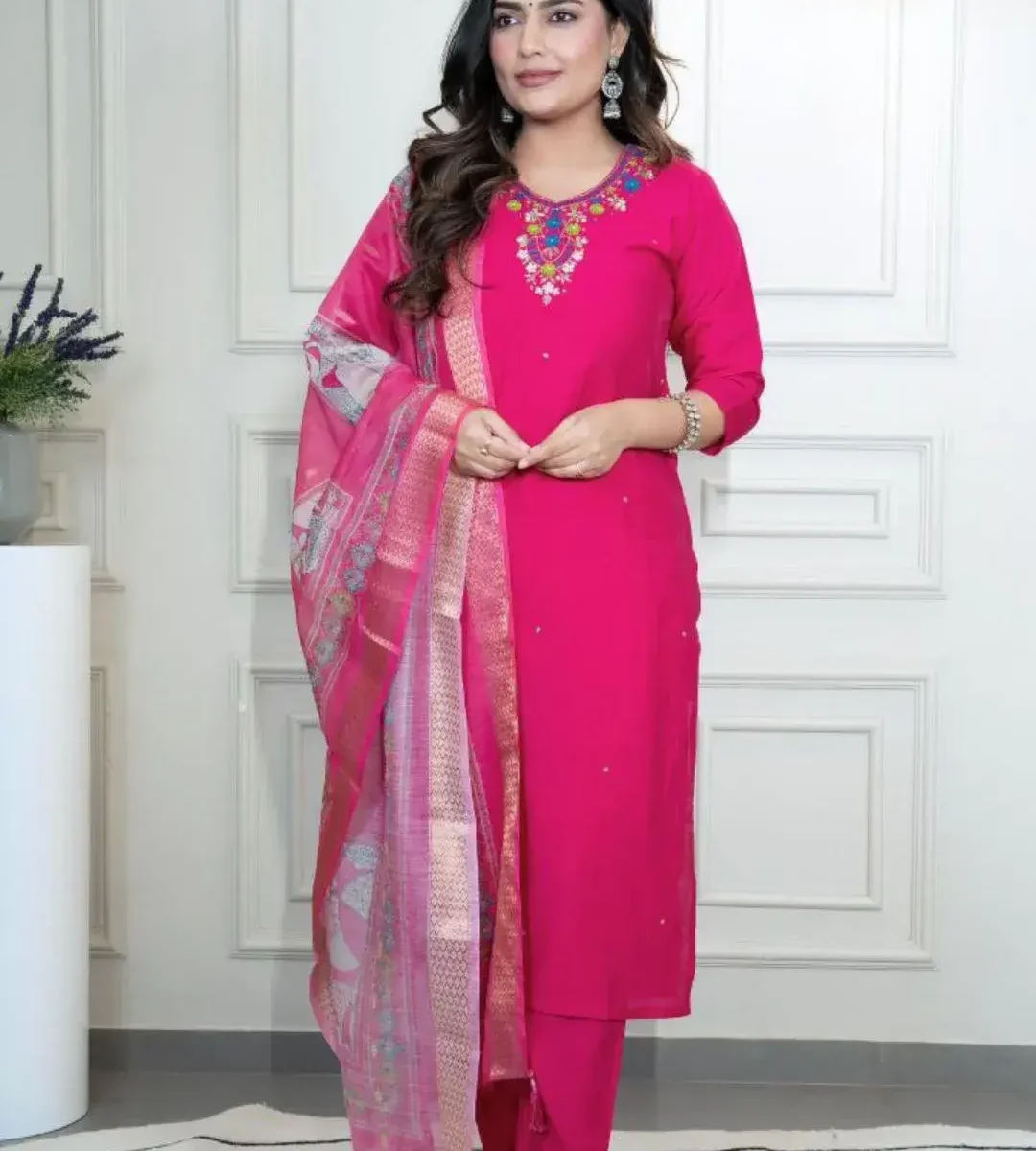 Party Wear Pink Roman Silk Suit Set