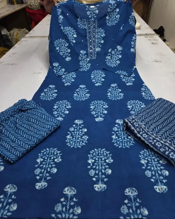 Printed Cotton Blue Kurti Pant Dupatta Set 1