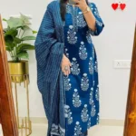 Printed Cotton Blue Kurti Pant Dupatta Set Front