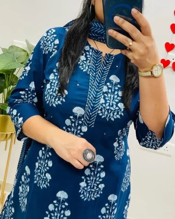 Printed Cotton Blue Kurti Pant Dupatta Set Front Front