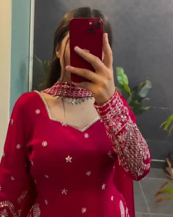 Red Party Wear Kurti With Palazzo Set Front