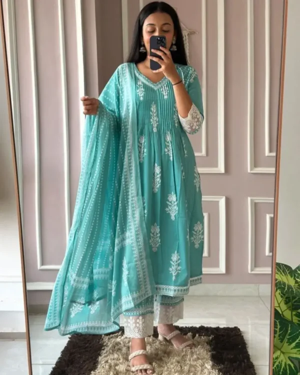 Sky Blue Cotton Kurti Pant Dupatta Set