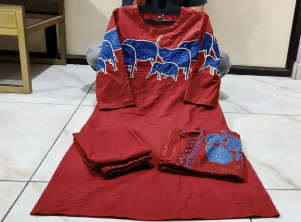 Cotton Red Printed Kurti Pant Dupatta Set