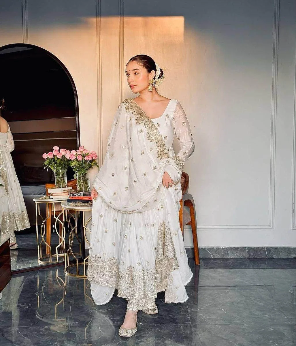 Party Wear Heavy White Anarkali Suit Set