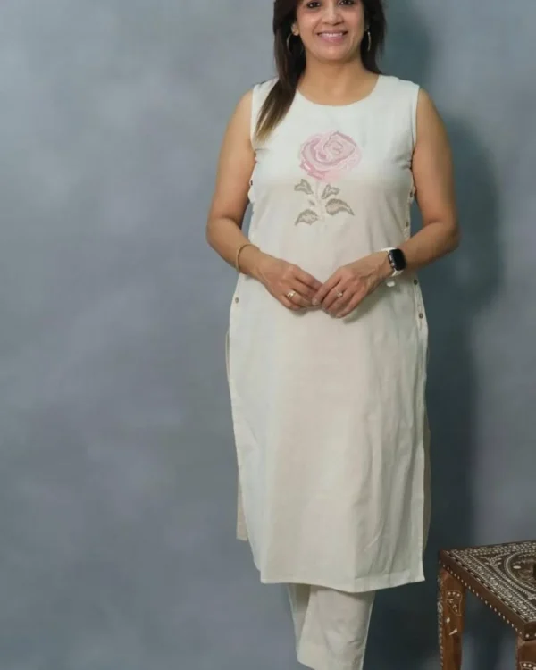 Cotton Flex White Sleeveless Kurti Pant Set