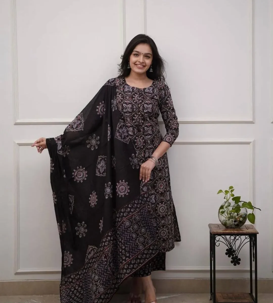 Black Cotton Printed Suit Set