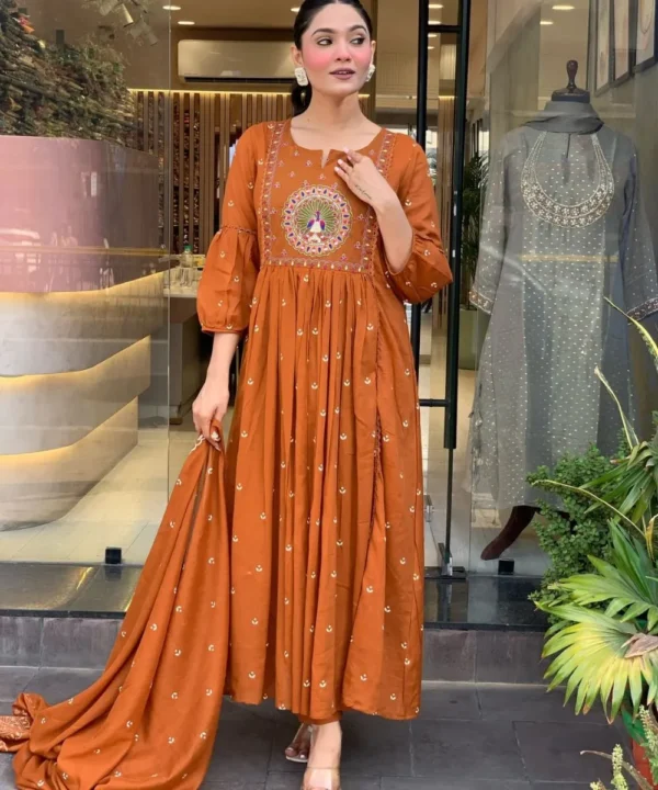 Orange Colour Cotton Kurti​ Pant Dupatta Set
