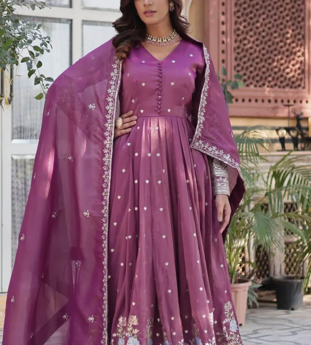 Lavender Party Wear Gown With Dupatta Set