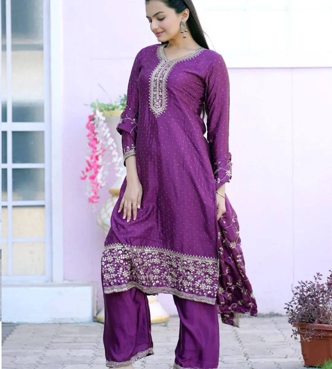 Purple Party wear Chinon Suit Set