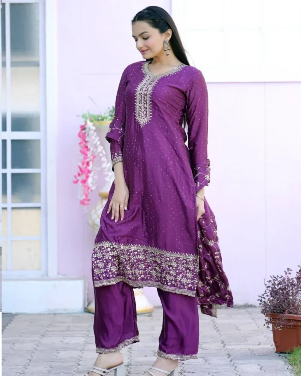 Purple Party wear Chinon Suit Set