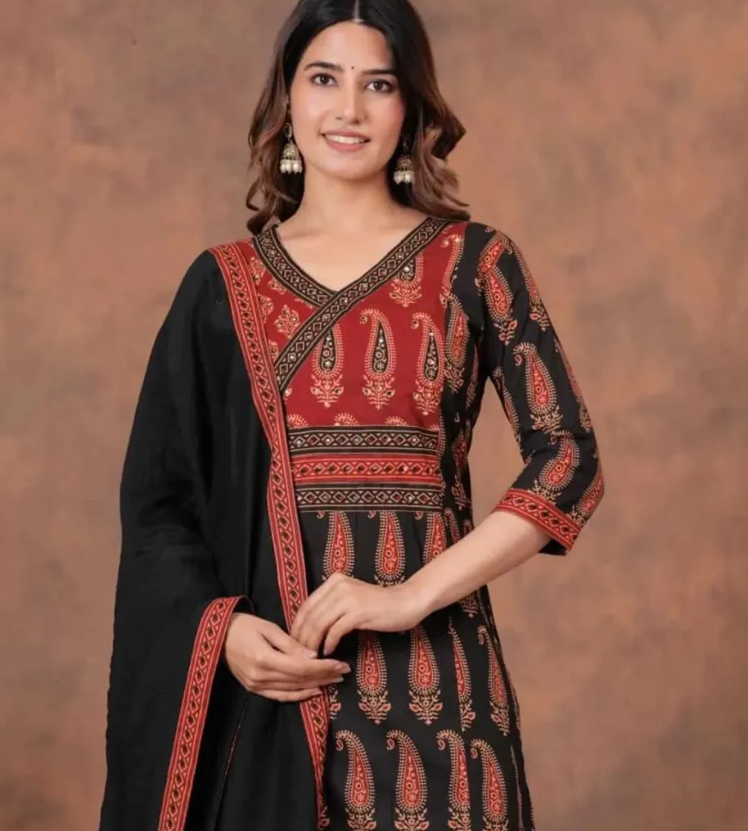 Printed Cotton Black Kurti Pant Dupatta Set