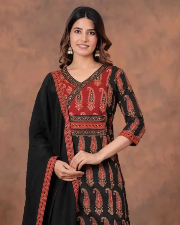 Printed Cotton Black Kurti Pant Dupatta Set