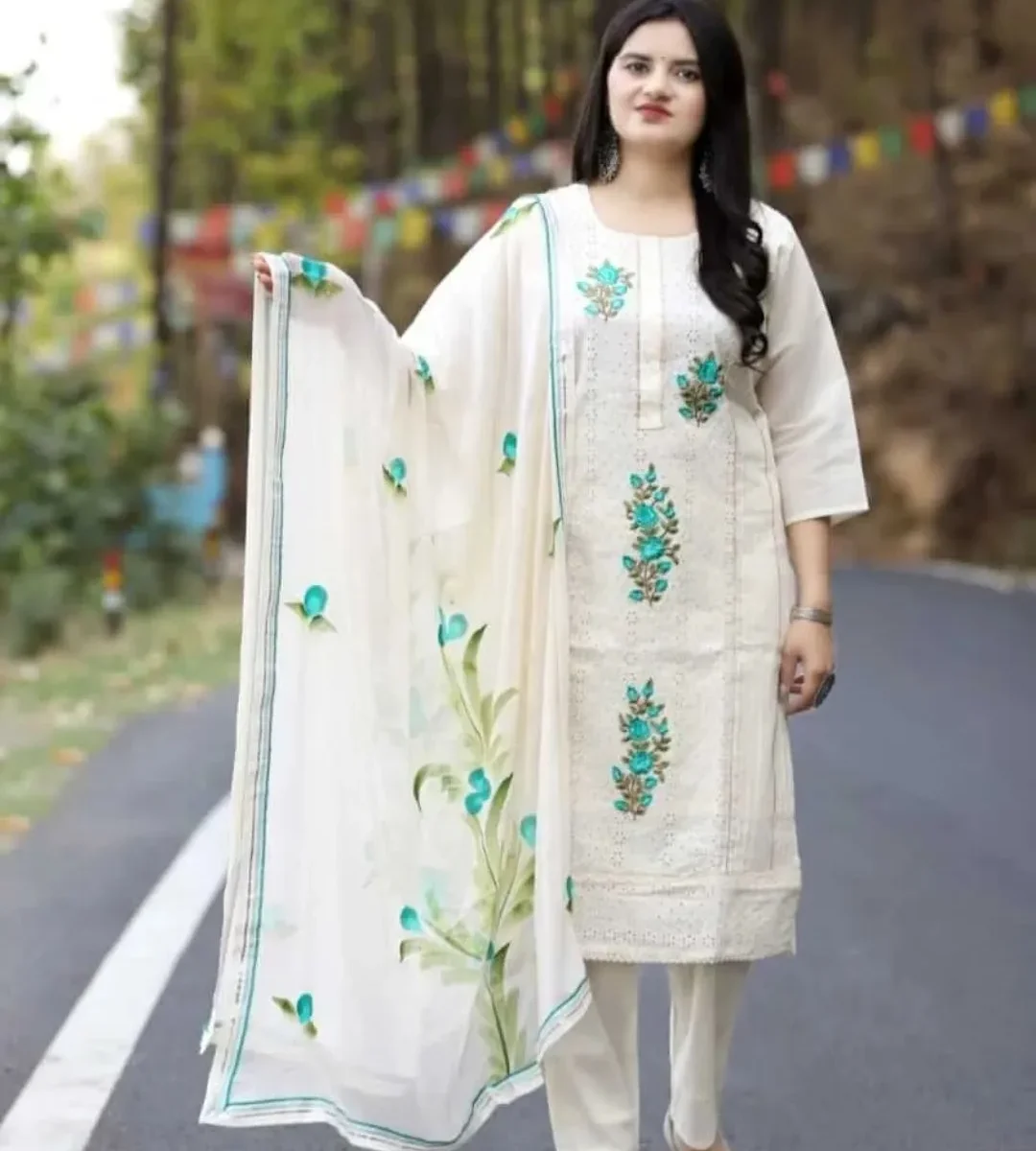White Chikankari Shiffli Suit Set​