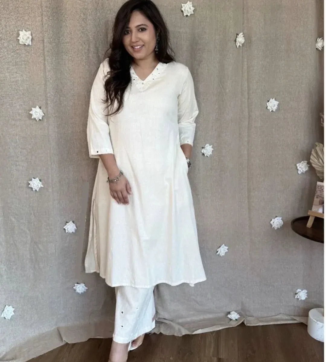 Office Wear White Kurti With Pant Set