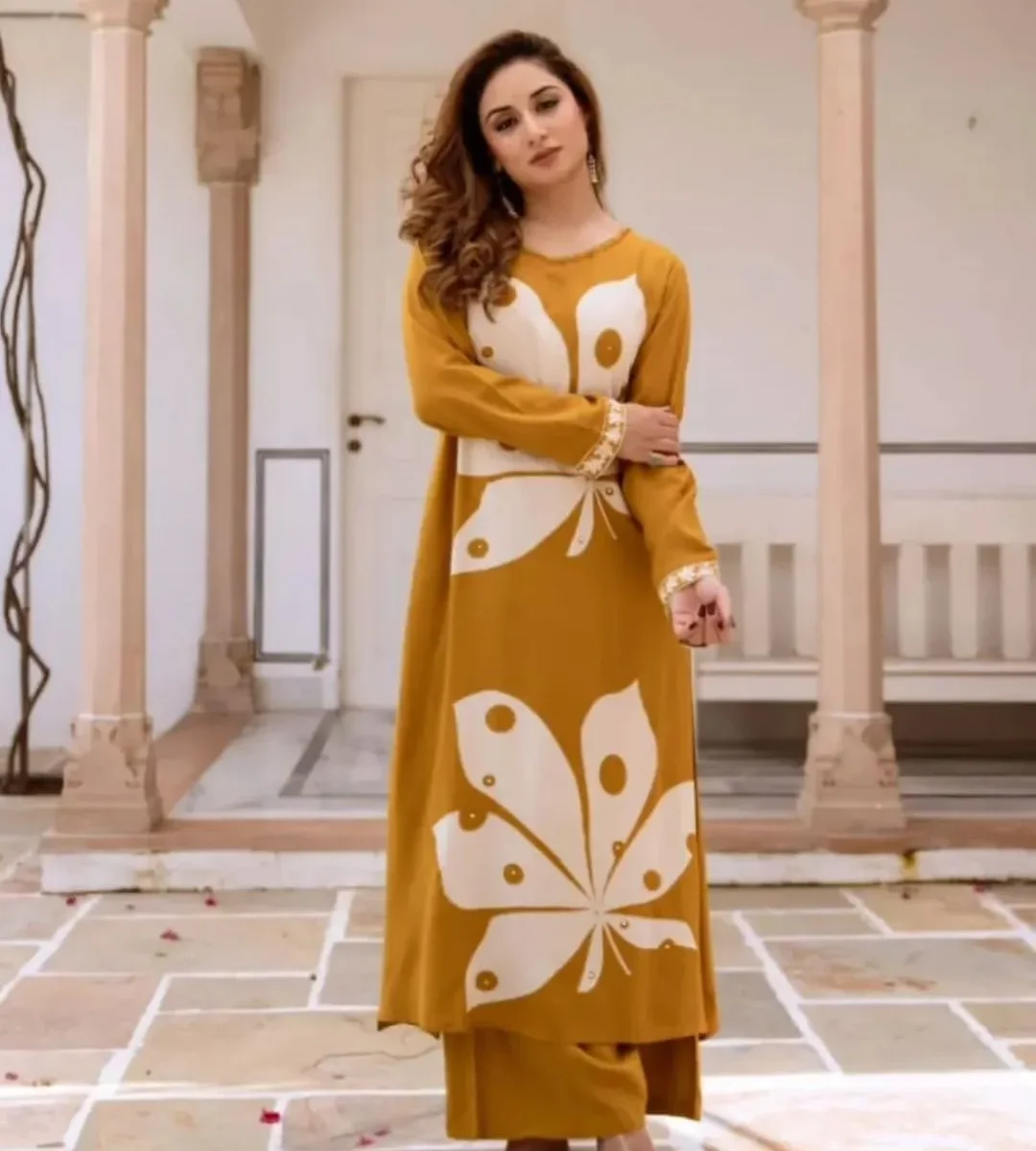 Rayon Yellow Kurti With Palazzo Set