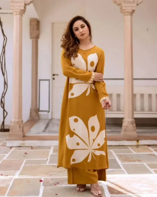 Rayon Yellow Kurti With Palazzo Set