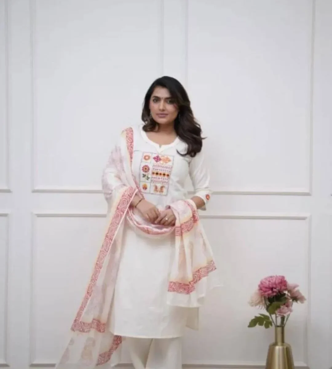 Cotton Kurti White Color With Pant Dupatta​