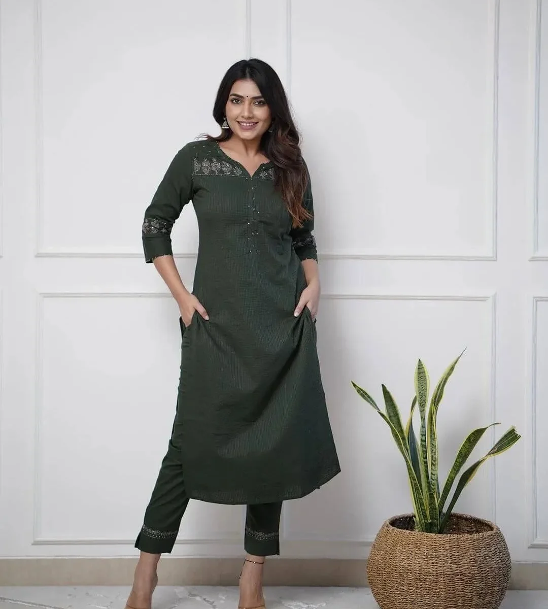 Green Cotton Kurti Plazo Set​
