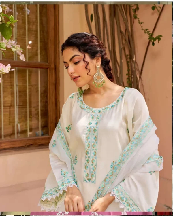 Party Wear White Chanderi Silk Suit Set