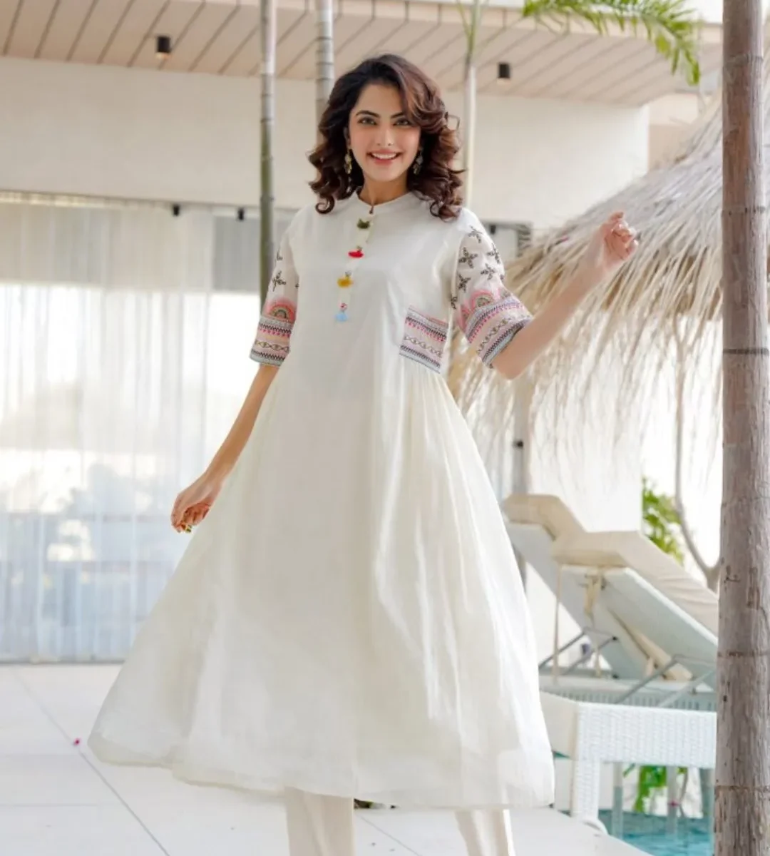 White Color Cotton Kurti Pant Set