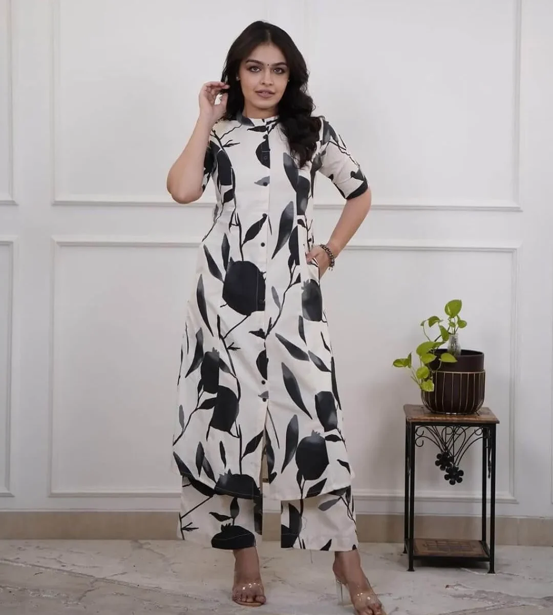 Black And White Printed Kurti With Pant Set