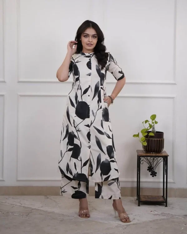 Black And White Printed Kurti With Pant Set