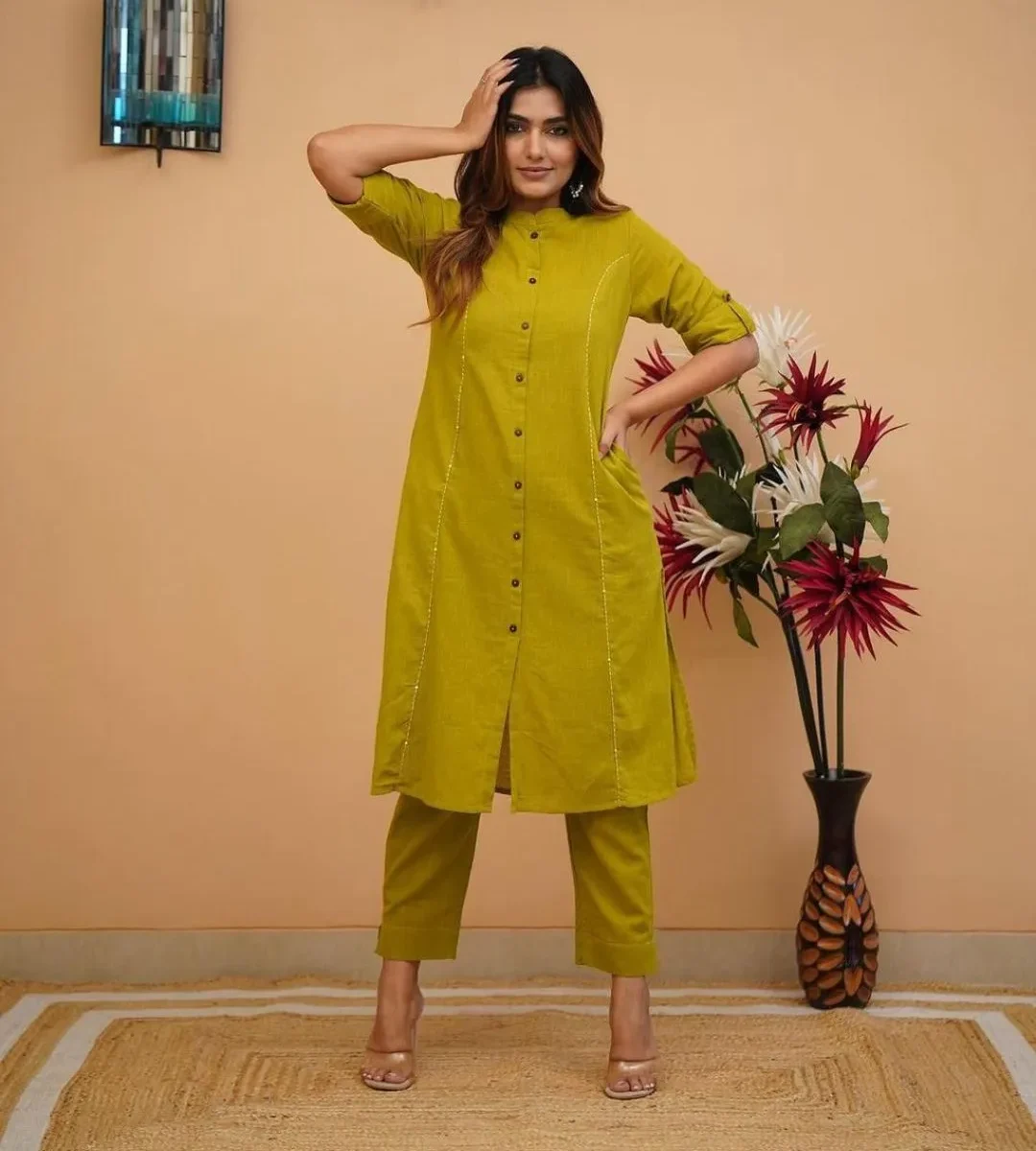 Green Color Kurti Pant Set For Office Wear