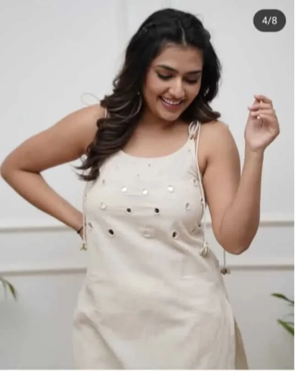 Off White Cotton Sleeveless Kurti Pant Set