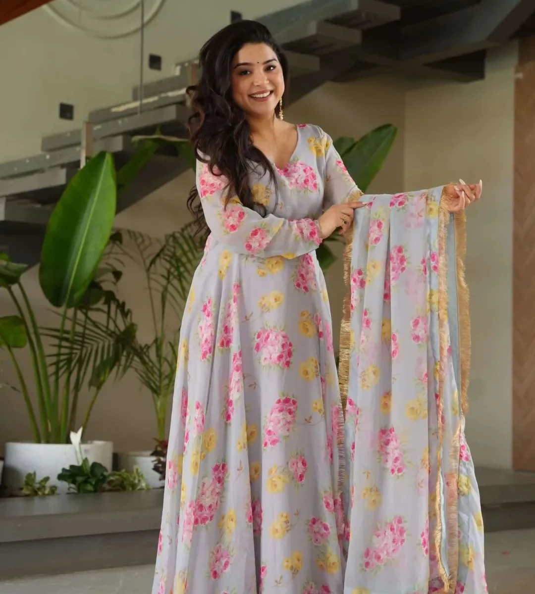 Grey Floral Printed Anarkali Gown Dupatta Set