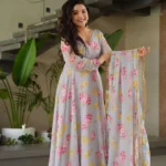 Grey Floral Printed Anarkali Gown Dupatta Set