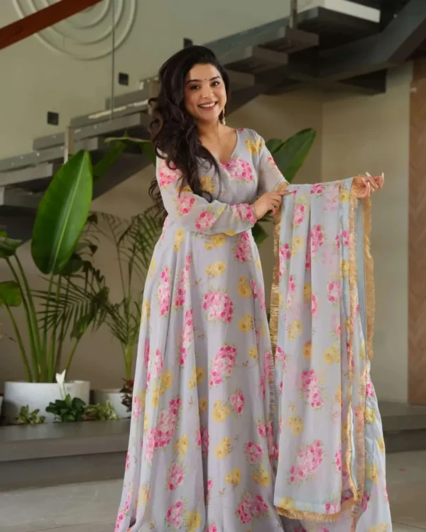 Grey Floral Printed Anarkali Gown Dupatta Set