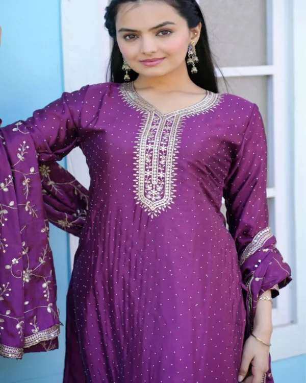 Purple Party wear Chinon Suit Set